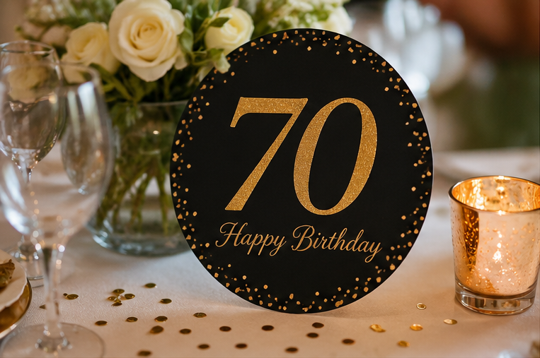 Festlich gedeckter Tisch für eine Feier zum 70. Geburtstag
