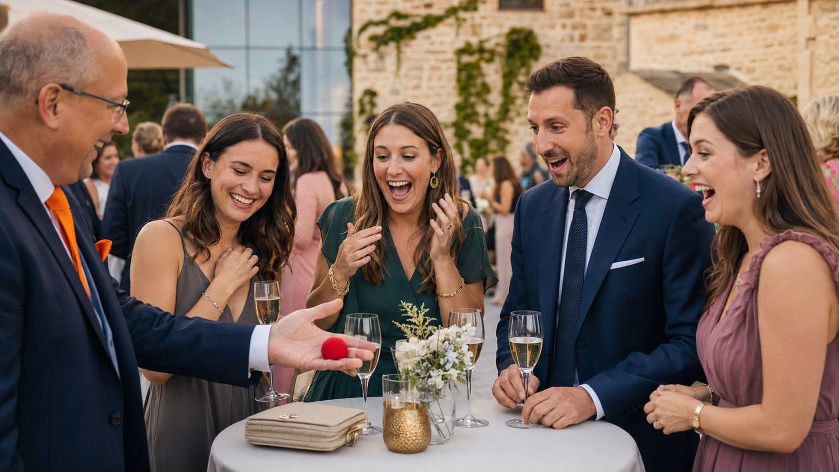 Close-up-Magie beim Sektempfang einer Hochzeit mit Gästen am Stehtisch