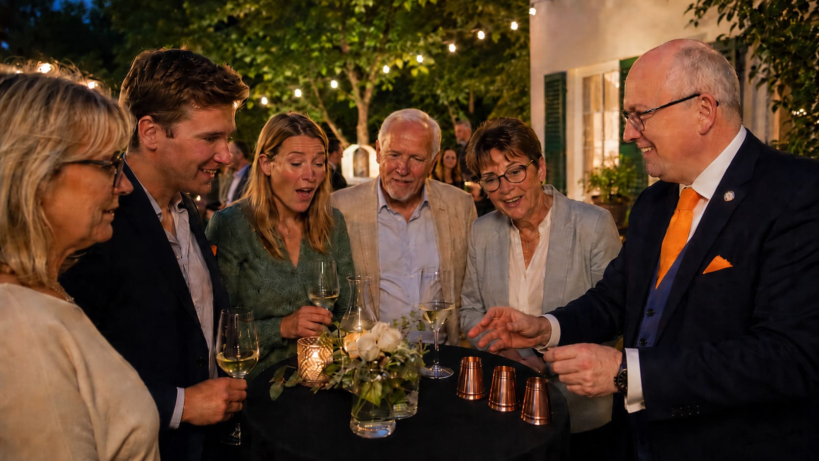 Close-up-Zauberei bei einer Gartenparty zum Geburtstag zwischen kleinen Gästegruppen