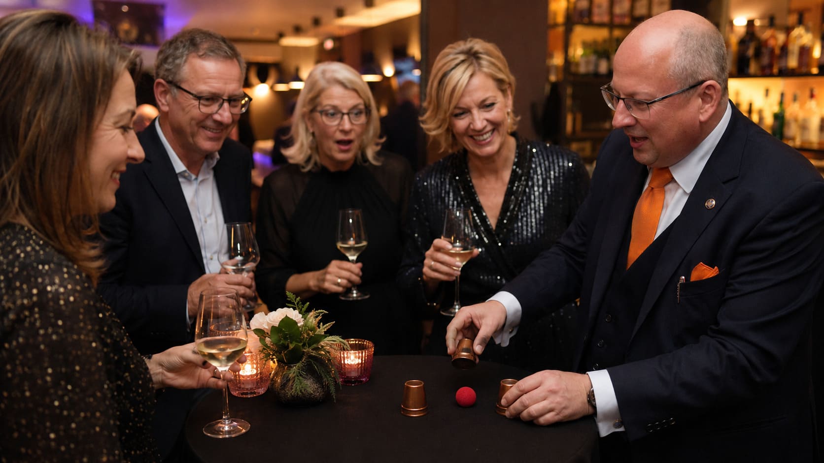 Close-up-Zauberei als Gesprächsanlass bei Erwachsenen am Tisch
