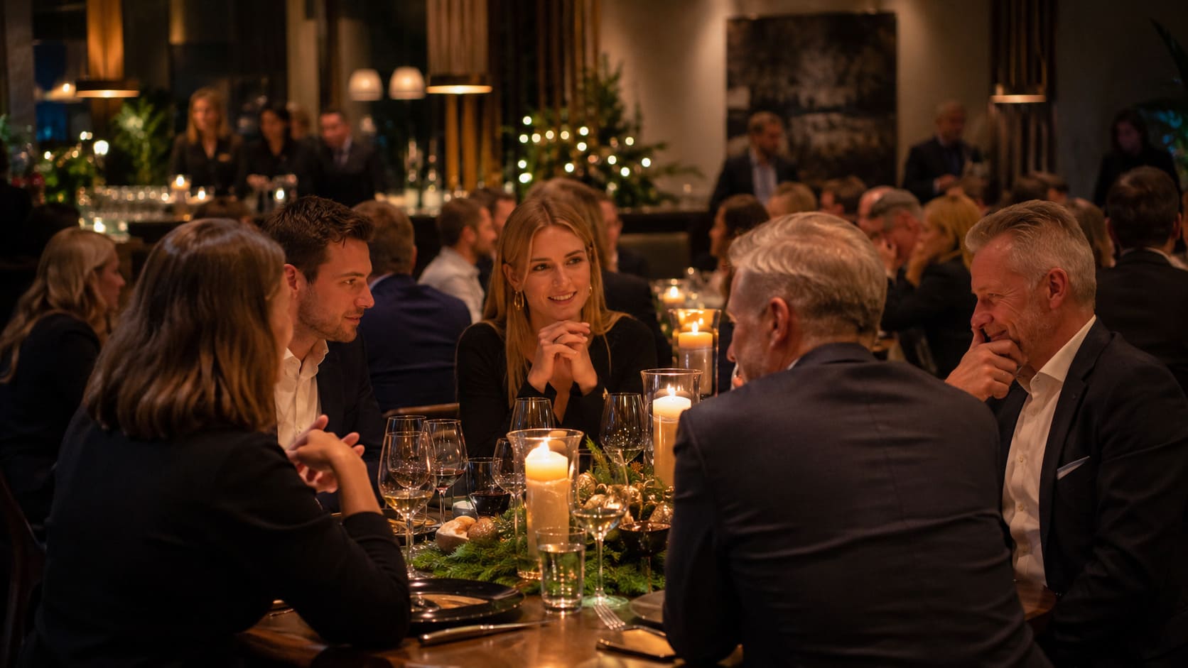 Festliches Dinner bei einer Weihnachtsfeier in der Firma