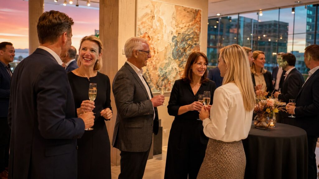 Empfang bei einem Kundenevent mit Gästen an Stehtischen
