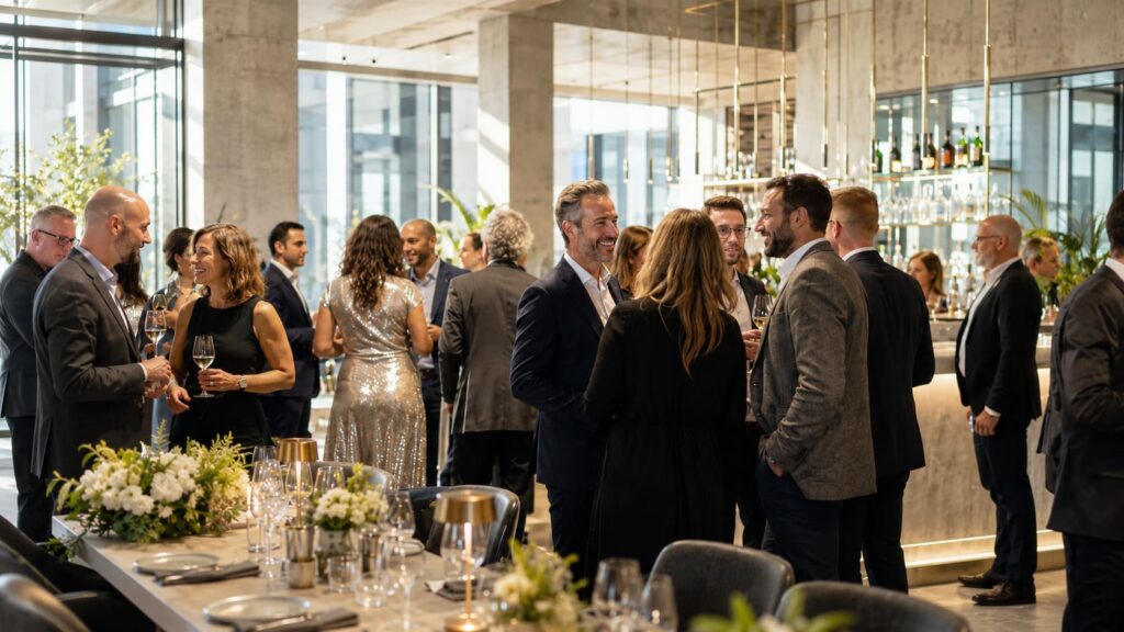 Besondere Firmenfeier in eleganter Eventlocation mit Gästen im Gespräch