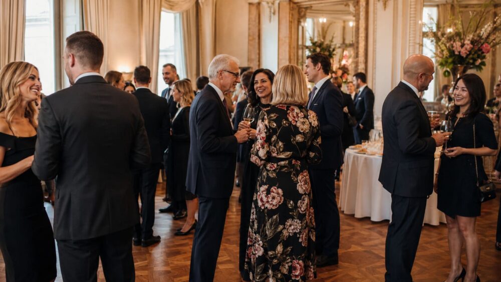 Firmenjubiläum feiern in eleganter Eventlocation mit Gästen im Gespräch