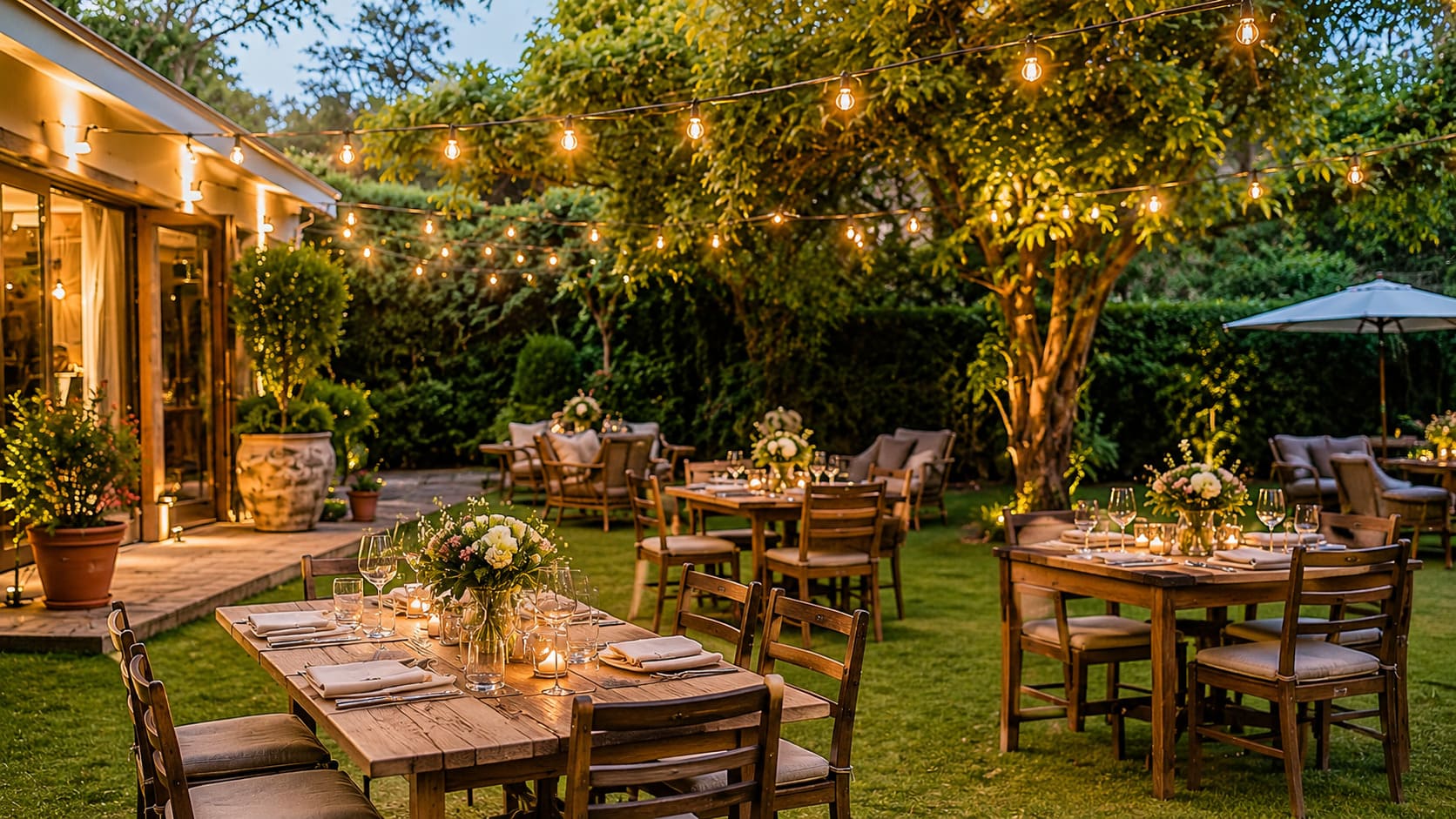 Vorbereitete Gartenparty zum Geburtstag mit langen Tischen und Lichterketten