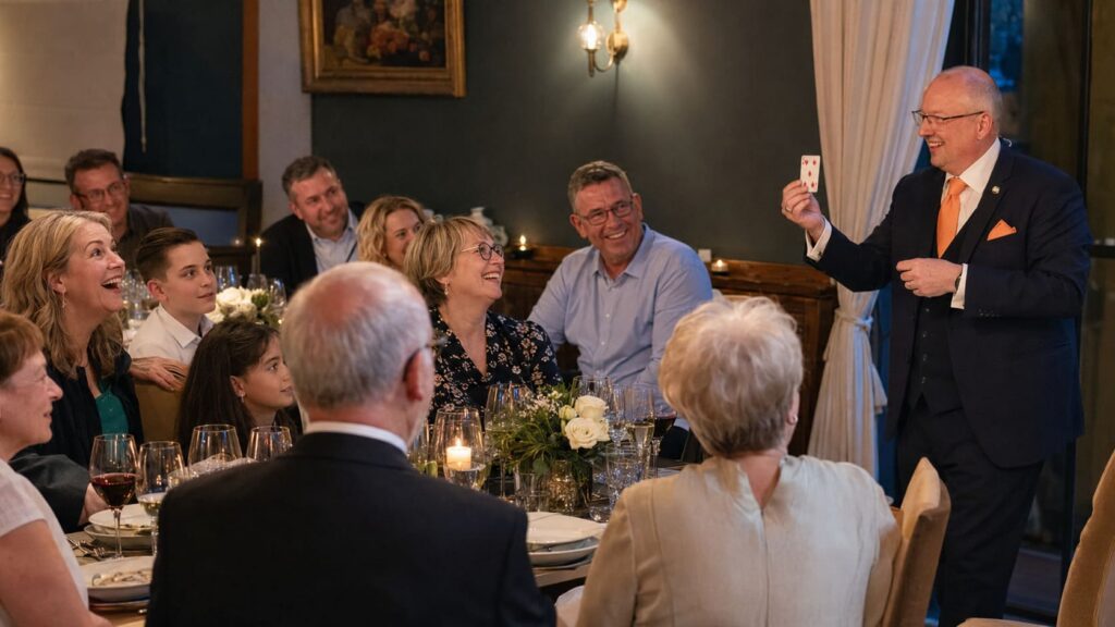 Stand-up-Zaubershow als gemeinsames Erlebnis bei einer Geburtstagsfeier im Restaurant