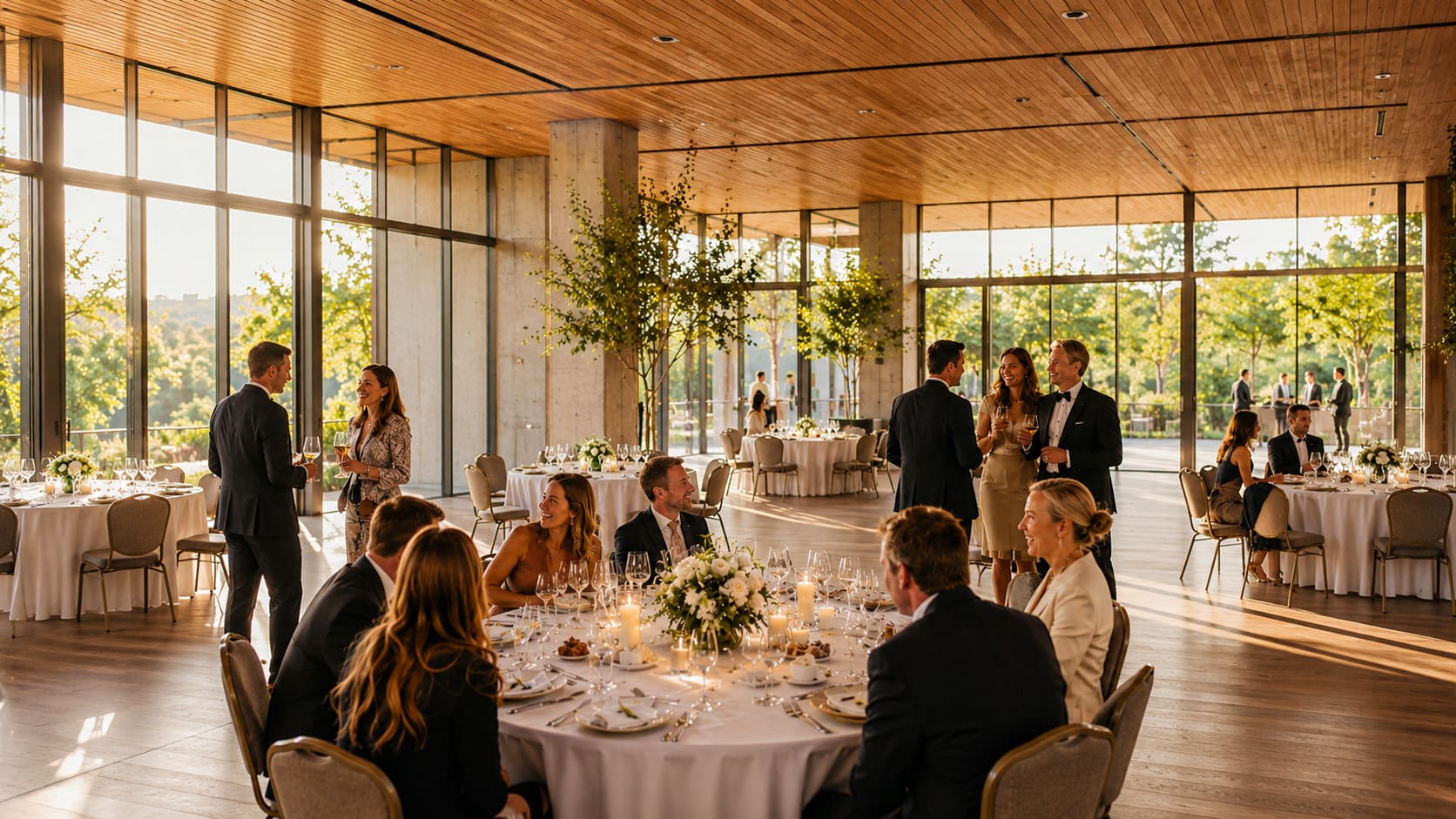 Hochzeitsfeier nach dem Abendessen in einem modernen Saal