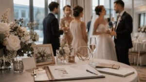 Hochzeit planen mit Ablaufplan, festlich gedecktem Tisch und Gästen beim Sektempfang