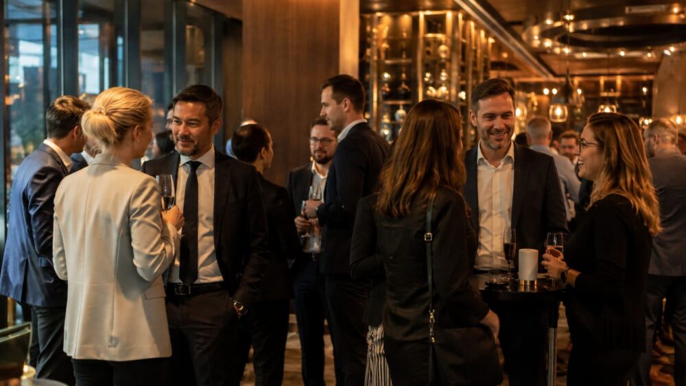 Icebreaker Firmenevent mit Gästen im Gespräch in moderner Business-Lounge
