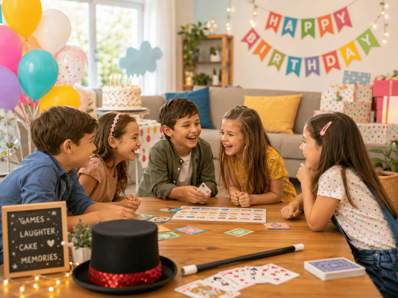 Fröhliche Kinder bei einem Kindergeburtstag zu Hause mit Spielen und Zauber-Elementen