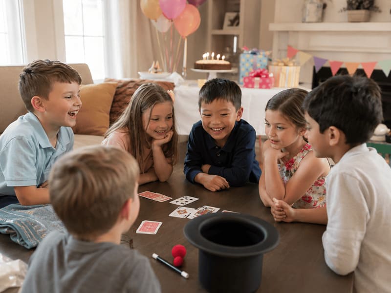 Kindergeburtstag Unterhaltung mit Spielen, Zauberei und fröhlichen Kindern zu Hause