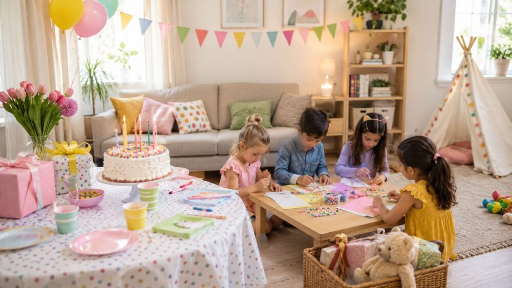Kindergeburtstag zu Hause mit vorbereitetem Tisch, Deko und entspannter Atmosphäre