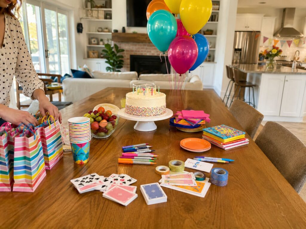 Vorbereiteter Tisch für einen Kindergeburtstag zu Hause mit Kuchen, Bechern, Spielmaterial und Mitgebseln