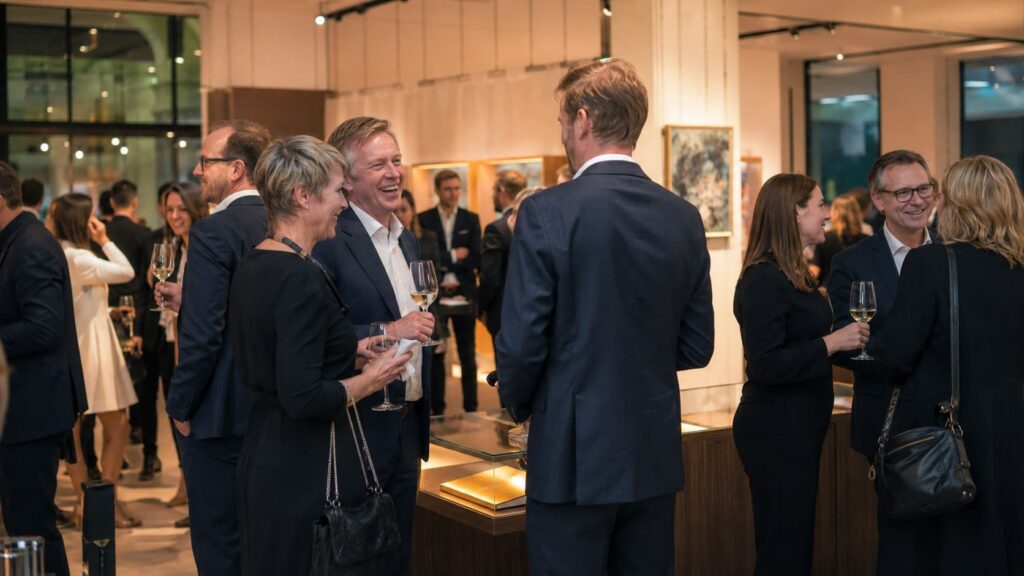 Kundenevent planen mit Gästen in moderner Business-Galerie
