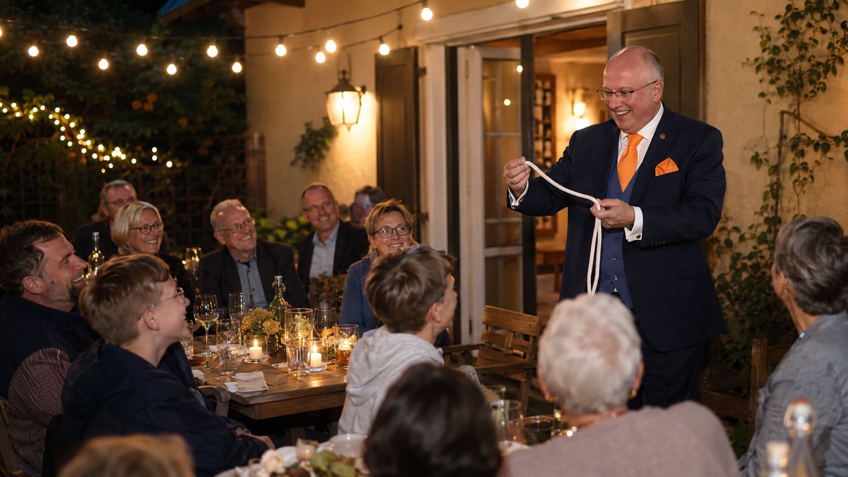 Stand-up-Zaubershow als Höhepunkt bei einer Gartenparty zum Geburtstag
