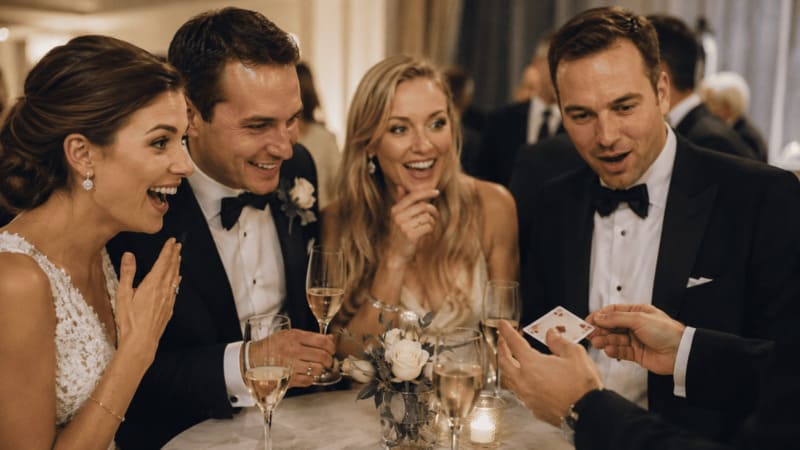 Unterhaltung auf der Hochzeitscheckliste mit Close-up-Zauberei beim Empfang