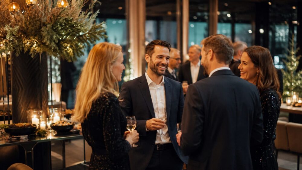 Weihnachtsfeier in der Firma mit Gästen in festlicher Winterlounge