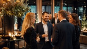 Weihnachtsfeier in der Firma mit Gästen in festlicher Winterlounge