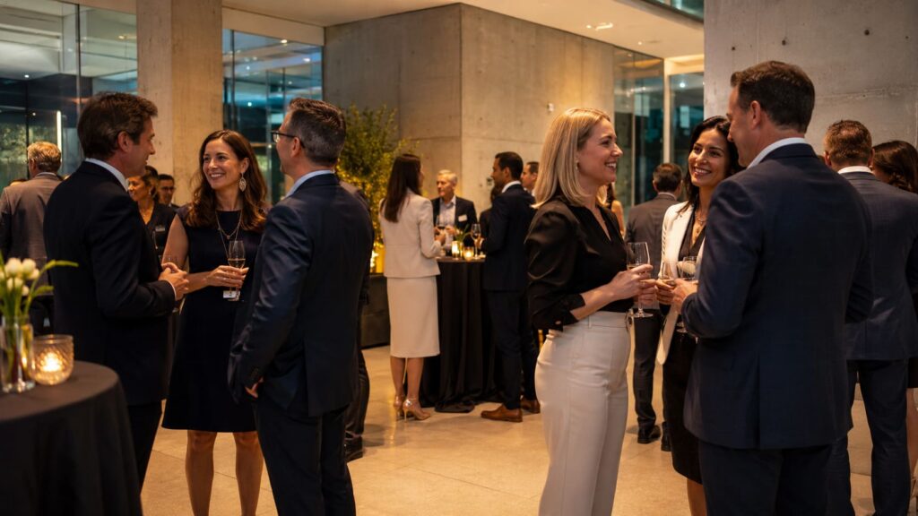 Gäste bei einem hochwertigen Firmenevent in einer modernen Eventlocation