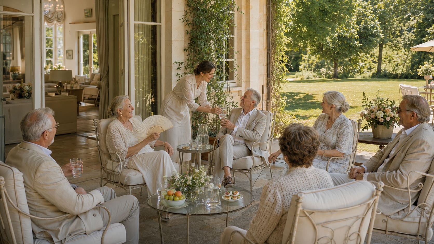 Ältere Gäste sitzen bei einer heißen Sommerhochzeit im Schatten