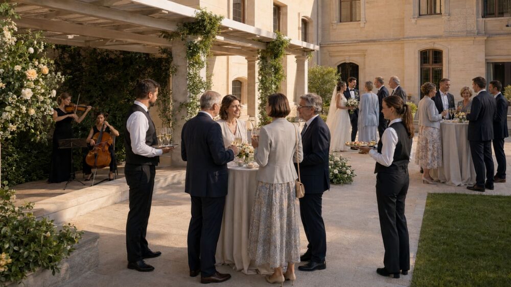 Champagnerempfang mit dezenter Live-Musik bei einer eleganten Hochzeit