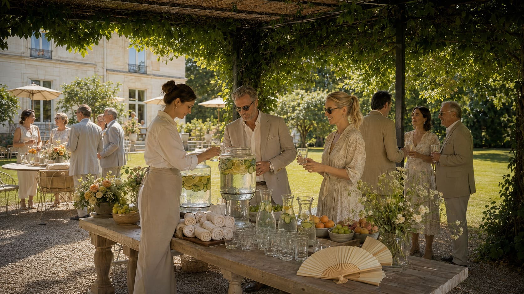 Wasserstation mit gekühlten Getränken für eine Hochzeit bei Hitze
