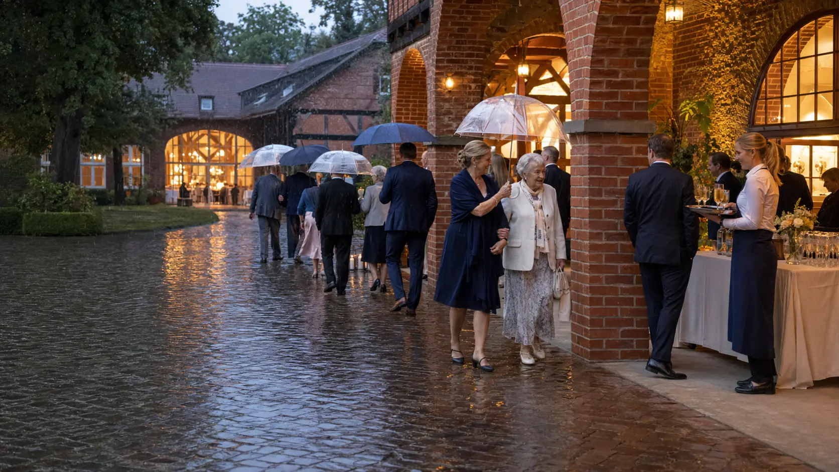 Hochzeitsgäste wechseln bei Regen in den überdachten Bereich einer Hochzeitslocation