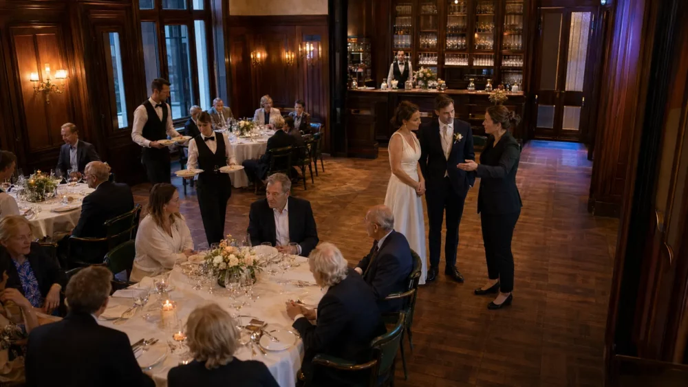 Brautpaar plant Unterhaltung und Servicewege für eine Hochzeit im Restaurant.