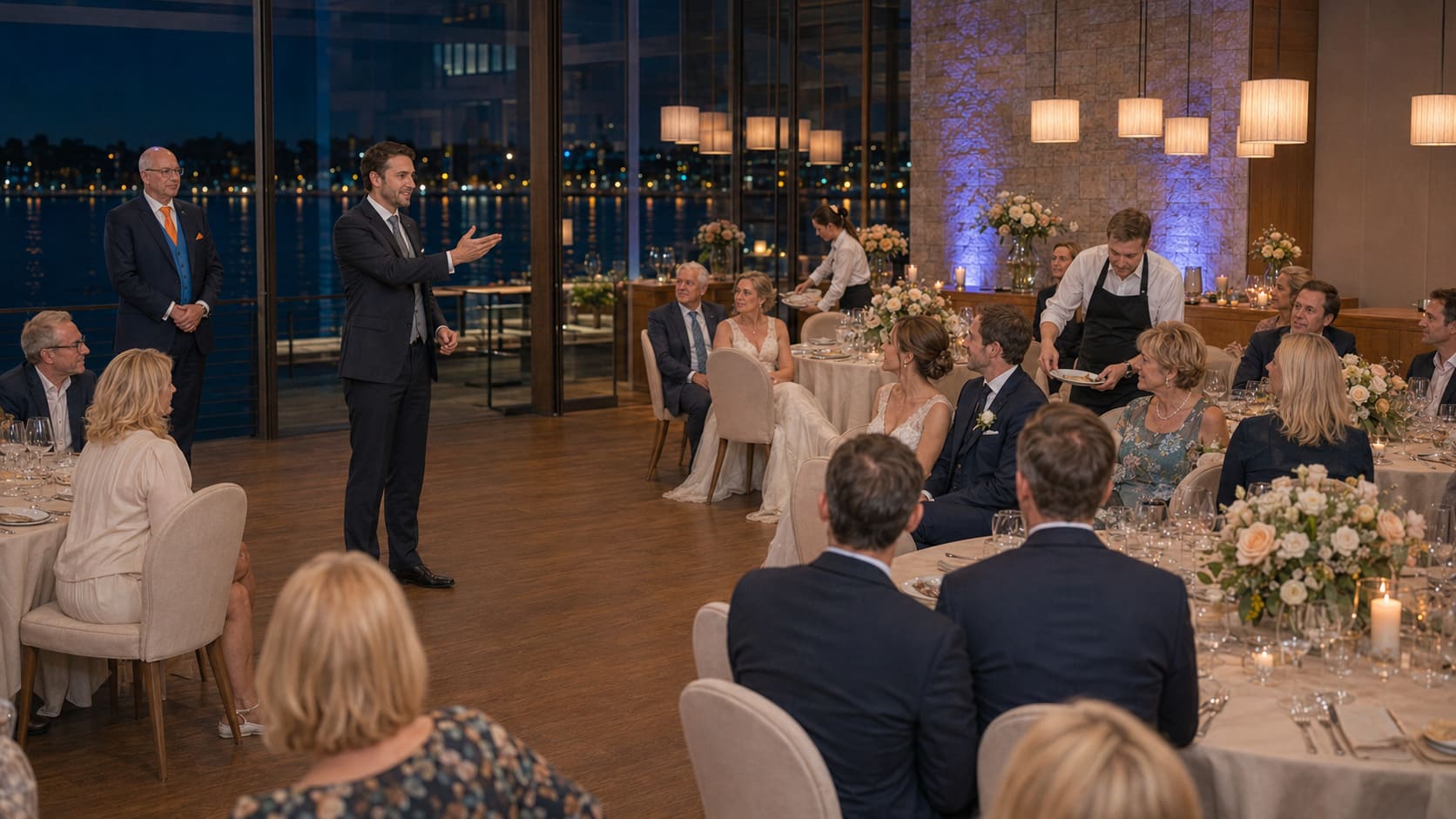 Hochzeitsgäste erwarten einen gemeinsamen Showmoment nach dem Dinner